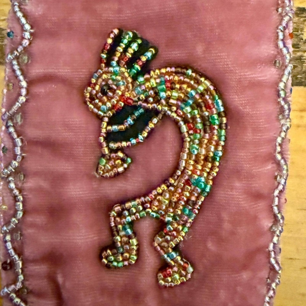 Vintage Pink Velvet Beaded Kokopelli Pouch Necklace Boho Crossbody Mini Bag 90s - Picture 6 of 12